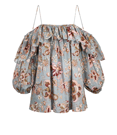 Zimmermann Pavilion Off-Shoulder Floral Blouse, £150, Clothing, Blue, Cotton/Silk, Front view
