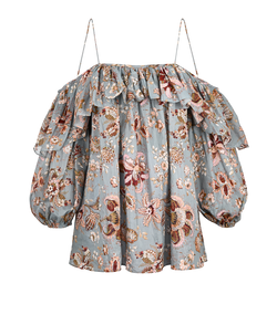 Zimmermann Pavilion Off-Shoulder Floral Blouse, Cotton/Silk, Blue,UK 10,3*
