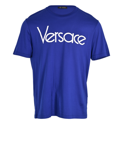 Versace Logo Embroidered T-Shirt, &pound;110, Clothing, Blue, Cotton, Front view