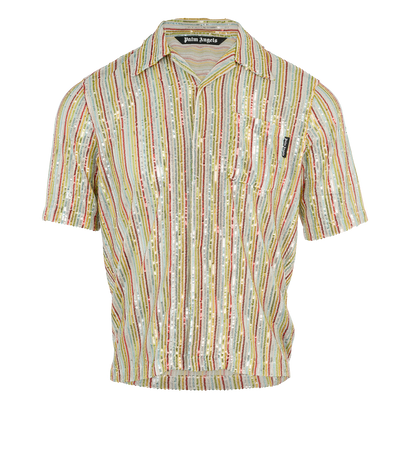 Palm Angels Rainbow Sequin Bowling Shirt, &pound;220, Clothing, Green/Red/Yellow, Polyester (Polymer)/Sequins, Front view