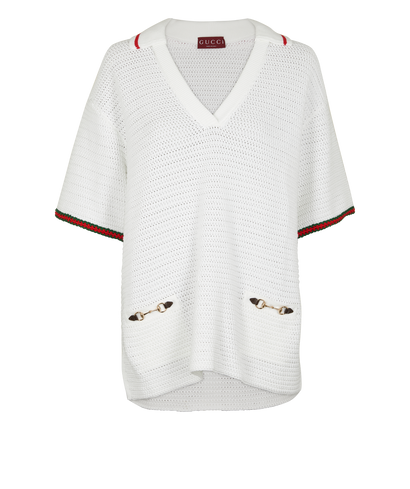 Gucci 2024 Horsebit-Detail V-Neck Polo Top, &pound;350, Clothing, White, Cotton, Front view
