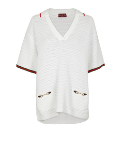 Gucci 2024 Horsebit-Detail V-Neck Polo Top, Cotton, White, Sz M, 3*