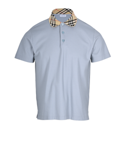Burberry Check Collar Polo T-Shirt, Mens, Cotton, Light Blue, Sz M, 3*