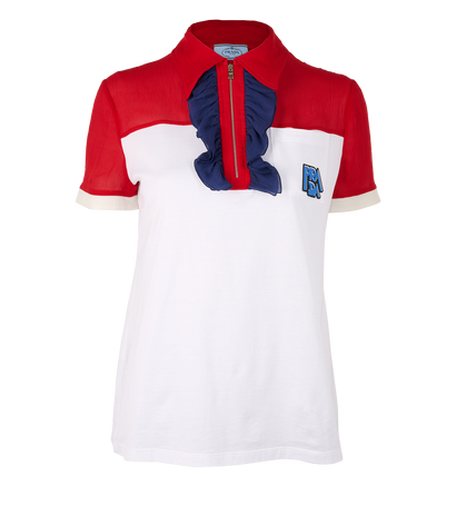 Prada Ruffled Polo Top, &pound;120, Clothing, Blue/Red/White, Cotton/Silk, Front view
