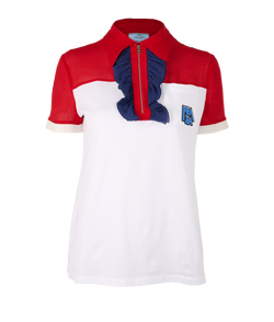 Prada Ruffled Polo Top, Silk/Cotton, White/Red, Sz M, 3*