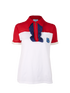 Prada Ruffled Polo Top, &pound;120, Clothing, Blue/Red/White, Cotton/Silk, Front view