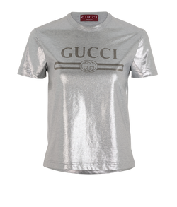 Gucci Laminated Logo T-Shirt, Cotton, Silver, Sz M, 3*