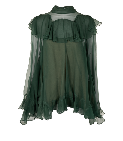 Chloe Ruffles Blouse, &pound;210, Clothing, Green, Silk, Front view