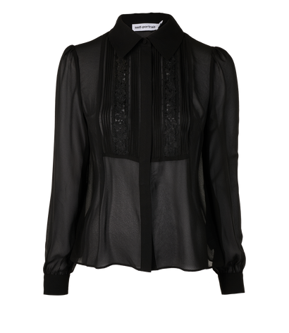 Self-Portrait Lace Pleated Blouse, &pound;120, Clothing, Black, Polyester Mix, Front view
