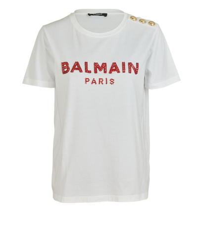 Balmain Beaded Logo T-Shirt, &pound;120, Clothing, White, Cotton, Front view