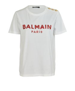 Balmain Beaded Logo T-Shirt, Cotton, White, UK 10, 2*