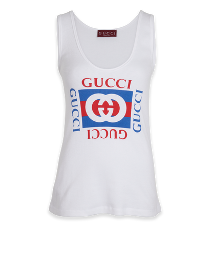 Gucci Logo Print Ribbed Tank Top, &pound;140, Clothing, White, Cotton, Front view