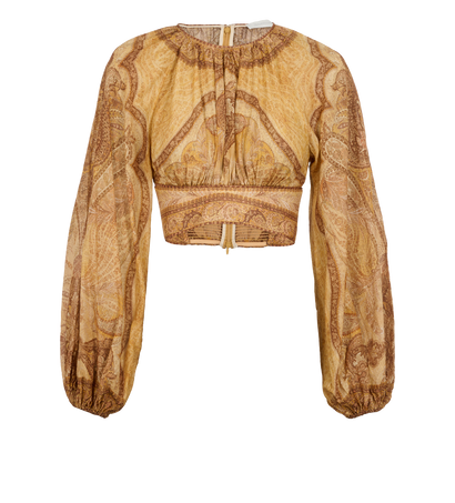 Zimmermann Wanderlust Cropped Top, &pound;240, Clothing, Beige/Gold, Cotton/Silk, Front view