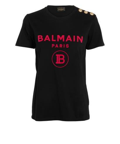 Balmain Logo Button T-Shirt, &pound;110, Clothing, Black, Cotton, Front view