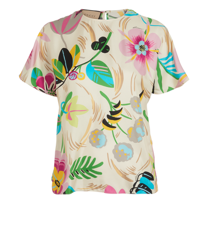 Gucci Flower Print Short Sleeves Top, &pound;220, Clothing, Cream/Green/Pink, Silk, Front view
