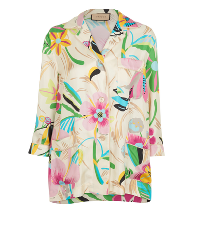 Gucci Flower Print Long Sleeved Shirt, &pound;295, Clothing, Cream/Green/Pink, Silk, Front view