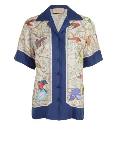 Gucci Bird Shirt, &pound;220, Clothing, Blue/Cream, Silk, Front view
