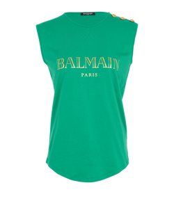 Balmain Logo Button Detail Vest Top, Cotton, Green, UK8, 3*