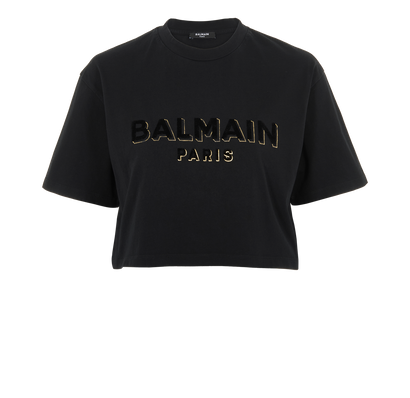 Balmain Cropped Logo T-Shirt, &pound;80, Clothing, Black, Cotton, Front view
