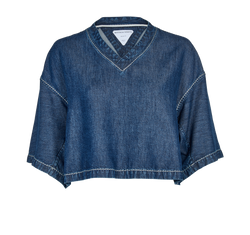 Bottega Veneta Cropped Denim V-neck Top, Lyocell, Blue, UK 6, 4*