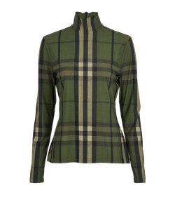 Burberry Turtleneck Plaid Long Sleeves Top, Poly/Elastane, Green, Sz L,3*