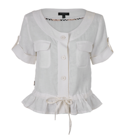 Burberry Ruffle V-Neck Top, Linen, Cream, UK10, 3*