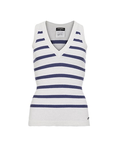Chanel V Neck Sleeveless Tank Top, &pound;375, Clothing, Blue/White, Cashmere, Front view