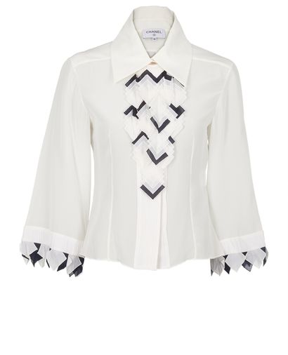 Chanel Front Ruffle Blouse, £295, Clothing, Black/White, Silk, Front view