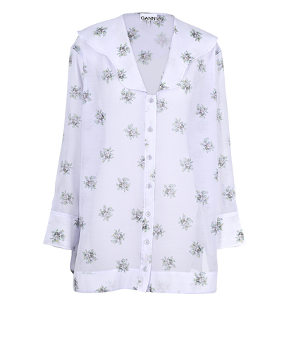 Ganni Floral Sheer Shirt, &pound;40, Clothing, Light Blue, Polyester (Polymer), Front view