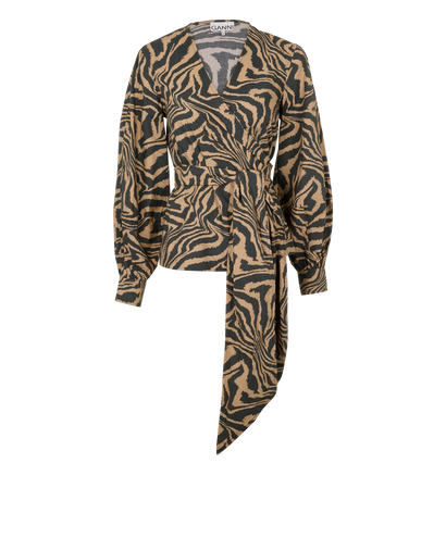 Ganni Tiger Print Wrap Blouse, &pound;60, Clothing, Black/Brown, Cotton, Front view