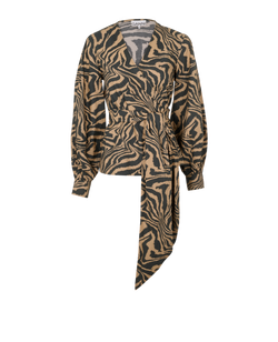 Ganni Tiger Print Wrap Blouse, Cotton, Brown/ Black, UK10, 3*
