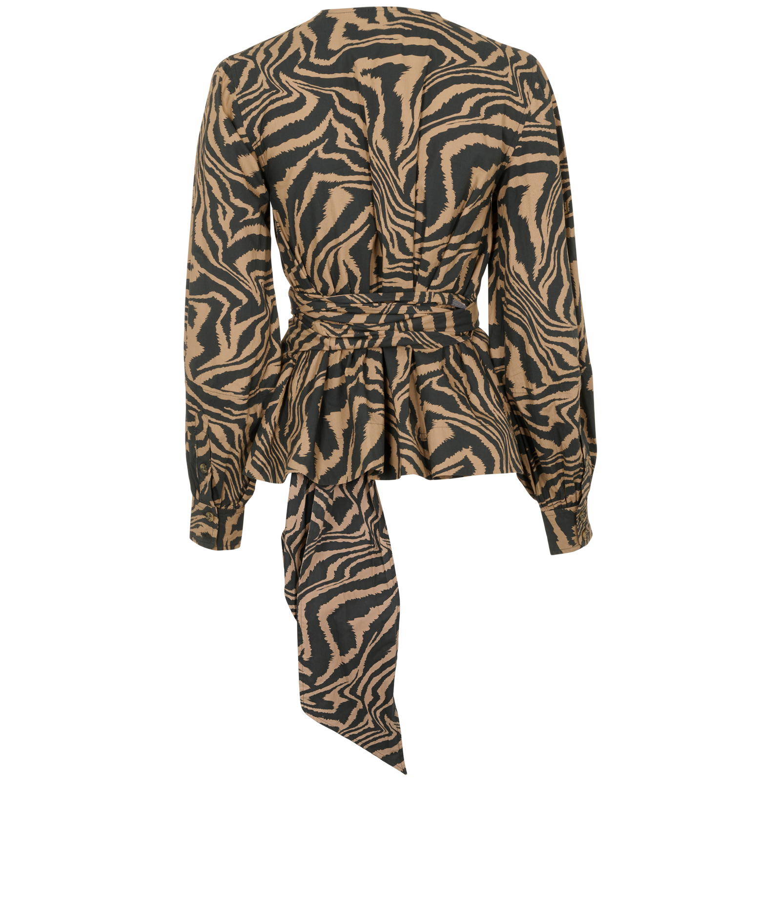 Ganni Tiger Print Wrap Blouse, &pound;60, Clothing, Black/Brown, Cotton, Back view