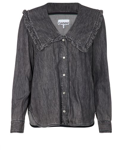 Ganni Ruffled Collar Denim Shirt, front view