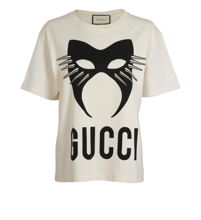 Gucci Cat Mask T-Shirt, &pound;120, Clothing, Black/Cream, Cotton, Front view