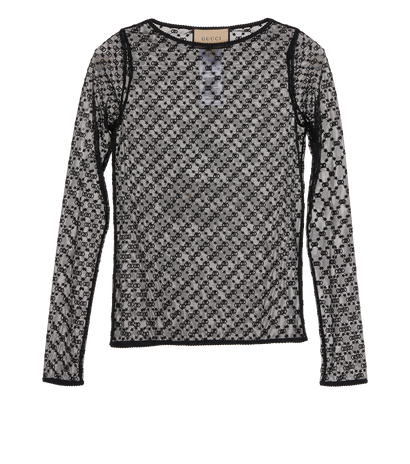 Gucci GG Stars Embroidered Tulle Top, &pound;295, Clothing, Black, Polyester (Polymer), Front view
