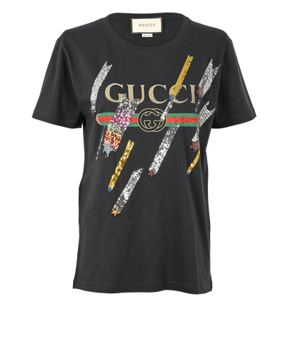 Gucci Oversized Logo & Embellished T-Shirt, £160, Clothing, Black, Cotton, Front view