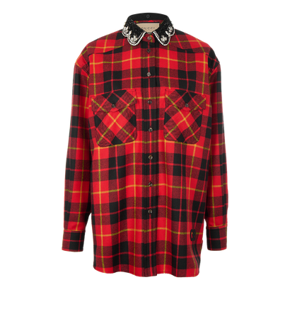 Gucci Plaid Embellished Collar Shirt, £450, Clothing, Black/Red, Wool, Front view