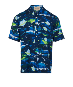 Gucci Banania UFO Bowling Hawaii Polo, Mens, Viscose, Blue, Sz XS, 3*