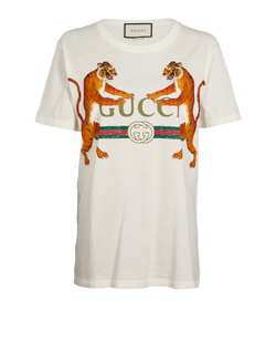 Gucci Dueling Tiger Print T-Shirt, Cotton, White, Sz XS, 2*