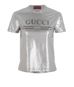 Gucci Logo Laminated T-Shirt, Cotton, Silver, Sz XS, 2*