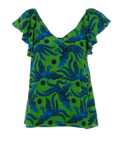 Kenzo Flying Phoenix Blouse, Silk, Green, UK 6, 3*