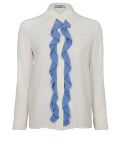 Prada Ruffled Shirt, Silk, Cream/Blue, UK 6, 3*