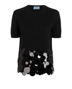 Prada Embellished Short-Sleeves Knit Top, Cashmere, Black, UK 10, 2*