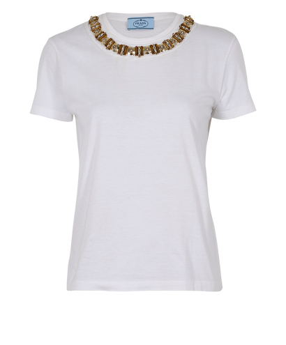 Prada Embellished Collar T-Shirt, &pound;140, Clothing, White, Cotton, Front view