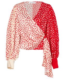 Self-Portrait Polka Dot Lace-trimmed Wrap Top, polyester, red/beige, 3*, 1