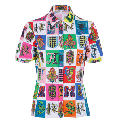 Versace Alphabet Print Short Sleeves Shirt, &pound;110, Clothing, Blue/Red/White, Cotton, Front view
