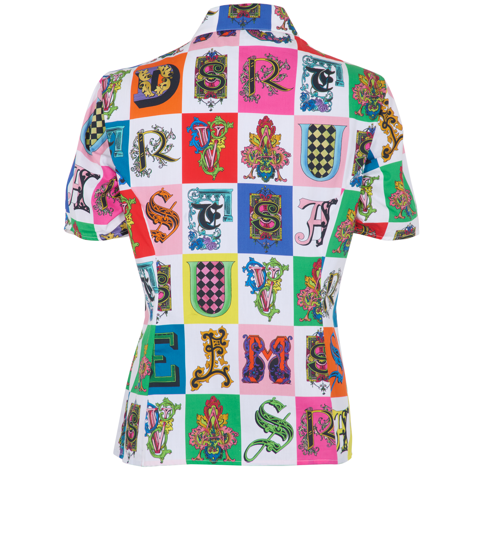 Versace Alphabet Print Short Sleeves Shirt, &pound;110, Clothing, Blue/Red/White, Cotton, Back view
