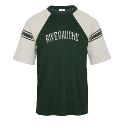 Saint Laurent Rive Gauche T-Shirt, &pound;210, Clothing, Beige/Green, Cotton/Viscose, Front view