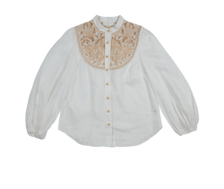 Zimmermann Embroidered High Neck Blouse, Linen, White/Beige, UK12, 3*