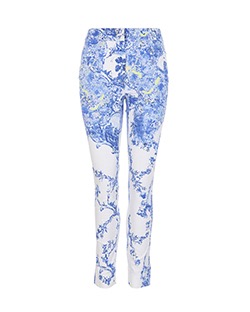 Erdem Floral Slim Leg Trousers, Cotton/Elastane, White/Blue, UK 6